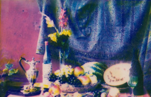 Kompozycja złożona z ustawionych na blacie: dzbanka i filiżanki na tacy, butelki, kieliszka, wazonu z kwiatami oraz owoców, m. in. arbuza, winogron i jabłek; w tle na różowej ścianie rozwieszona niebieska wzorzysta tkanina.
