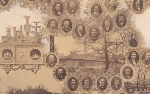 Fregment tableaux z widocznymi wizerunkami osób oraz budynku huty. 